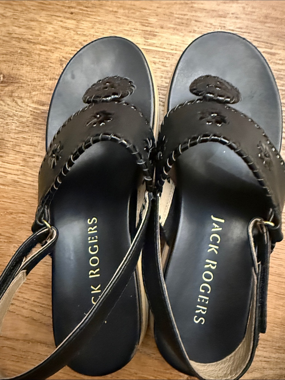 Jack Rogers Black Leather Slingback Sandals with Signature Medallion